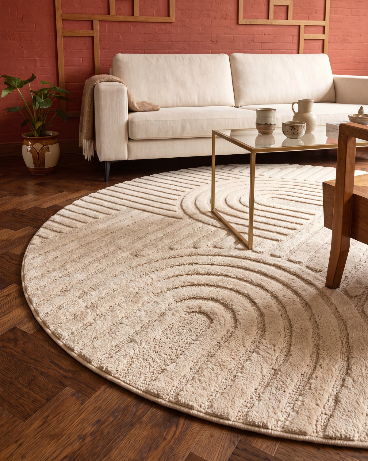 Tapis rond Japandi - Linea Curve Crème