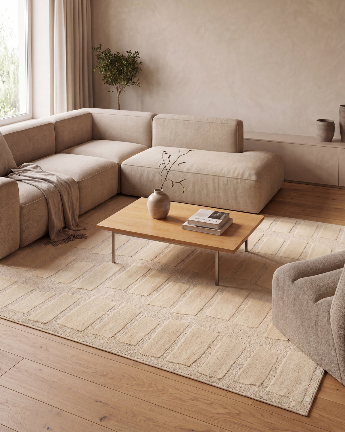 Japandi Vloerkleed Linea Block Creme