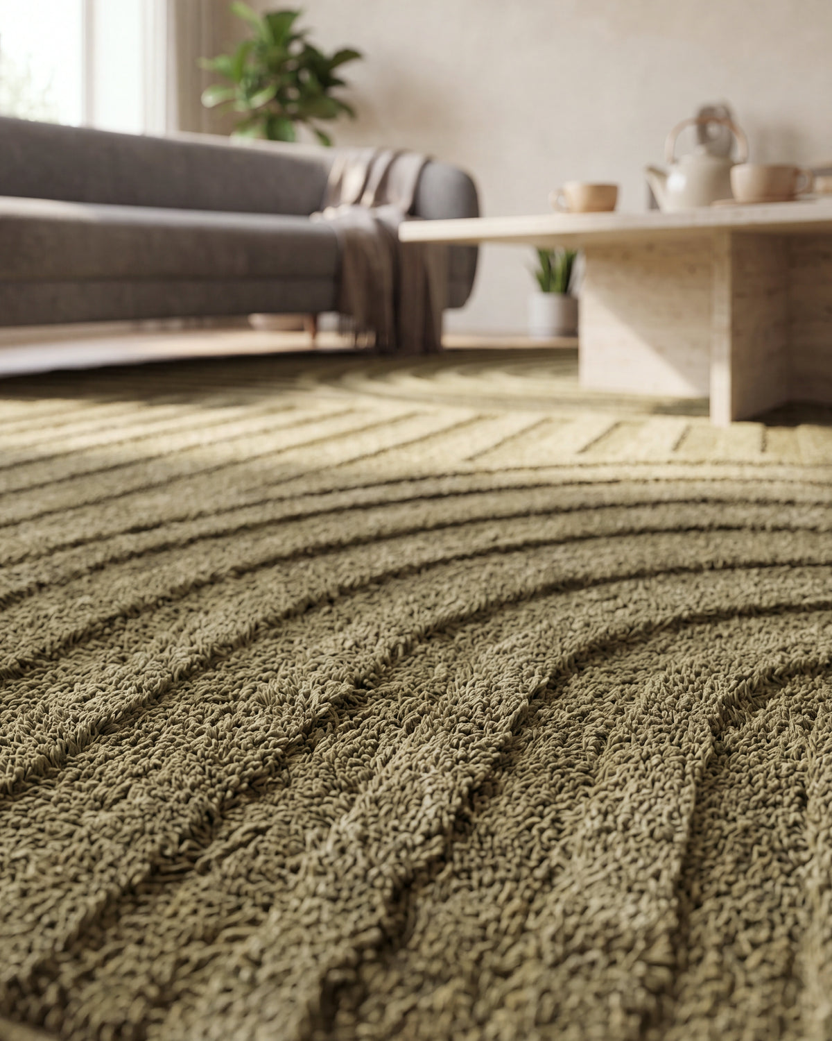 Rond Japandi Vloerkleed Linea Curve Groen