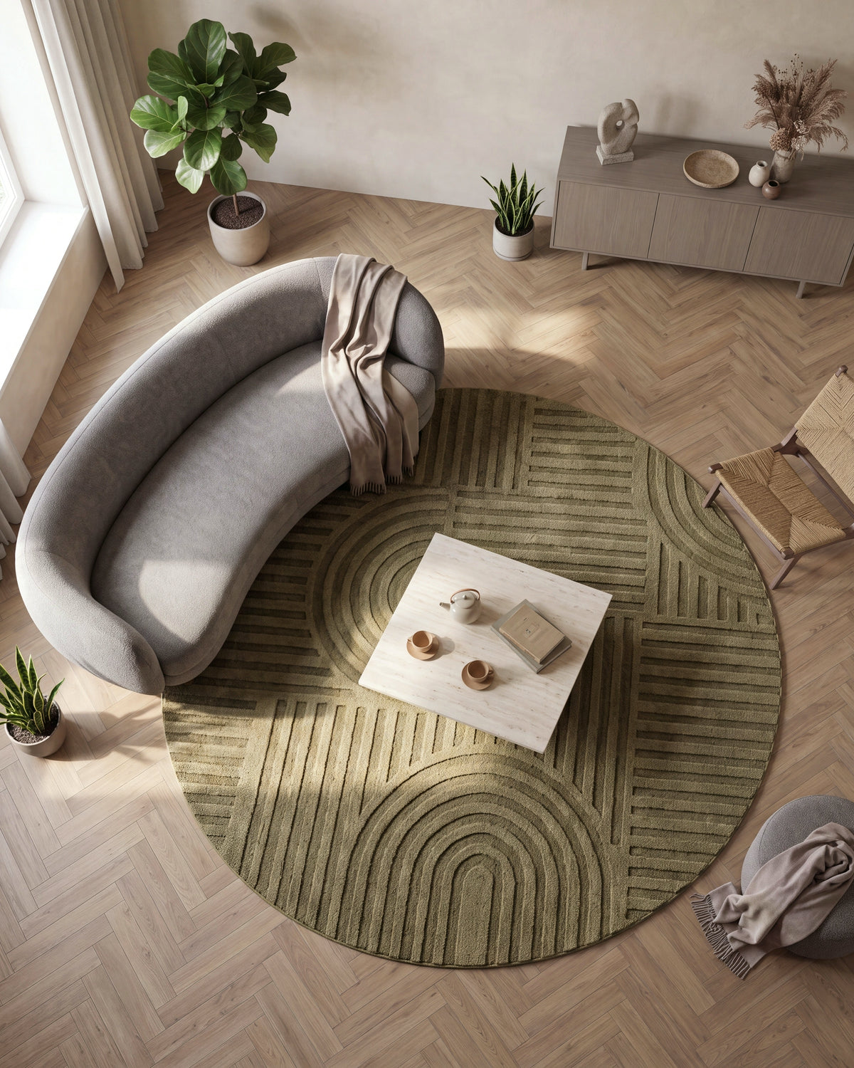 Tapis rond Japandi Linea Curve Vert