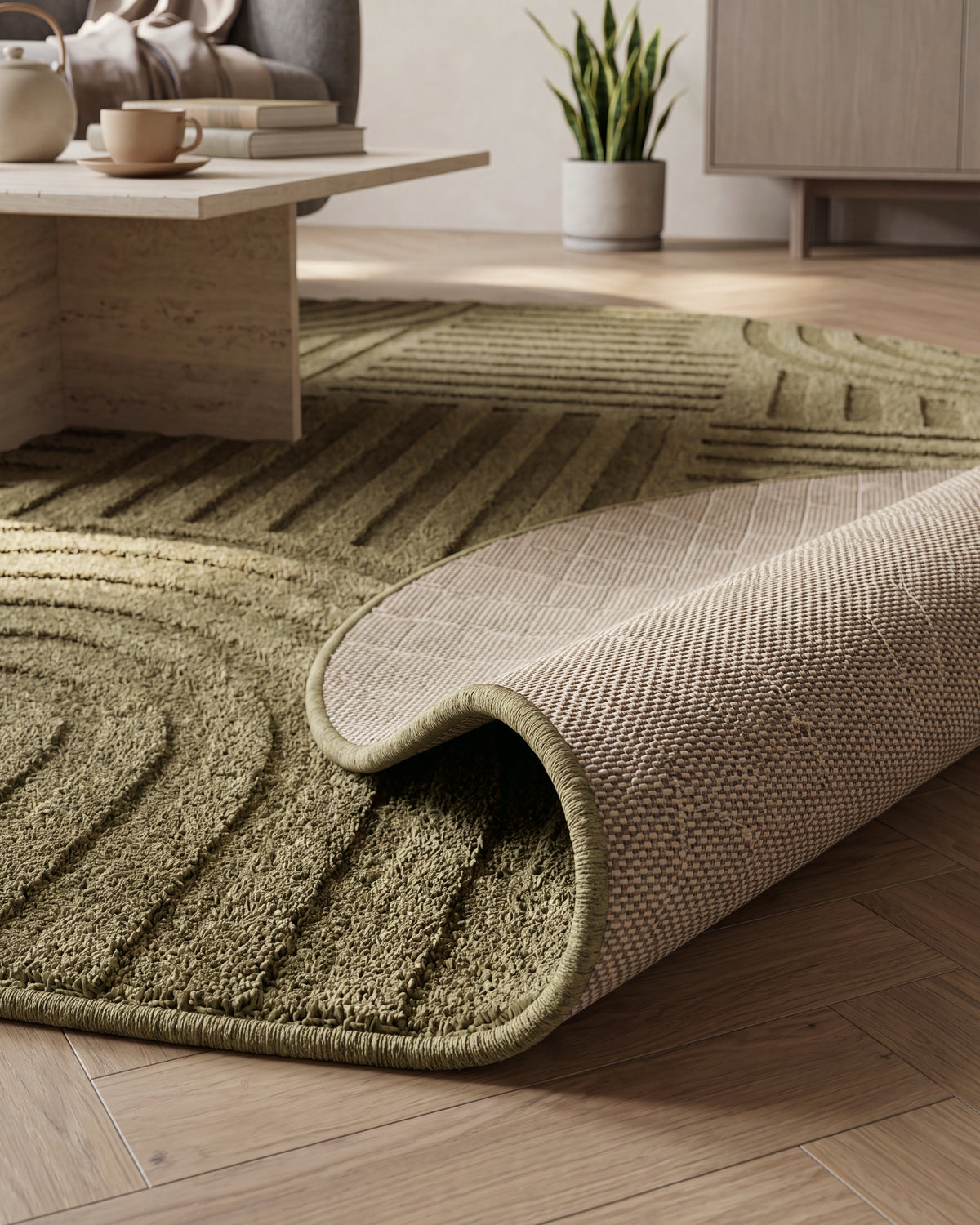 Tapis rond Japandi Linea Curve Vert
